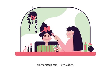 Vector illustration of a beautiful beauty salon. Cartoon scene with make-up artist doing makeup girl on white background.