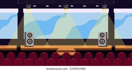 Dibujo vectorial de un gran salón con un escenario.Un escenario con focos de luz, altavoces, pantalla, escaleras, un salón con sillas para los espectadores en un estilo de dibujos animados. Sala de conciertos.