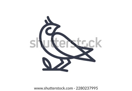 Vector illustration of beautiful bird on branch on white color background. Black and white flat line art style design of bird for web, banner, print, textile, greeting card