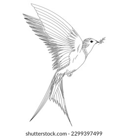 Ilustración vectorial de ave hermosa con ala sentada en la rama con hoja sobre fondo de color blanco. Diseño de pájaro en blanco y negro