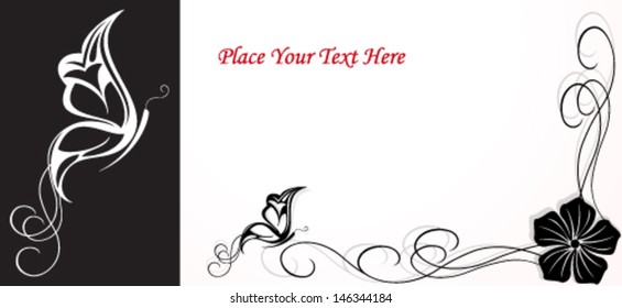 Vector illustration of beautiful black floral card with butterfly