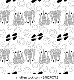 Vector illustration of beautiful black seamless floral pattern on white background