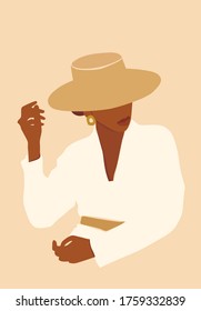 Vector Illustration Of Beautiful Black Skin Woman In A Hat. Modern Printable Fashion Poster.