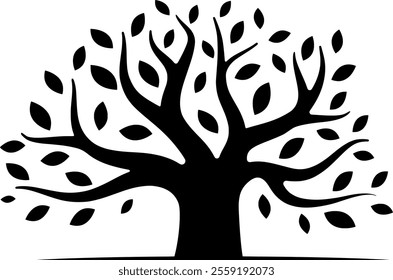 Vector illustration of a beautiful black tree silhouette with green leaves, symbolizing growth, nature, sustainability, and environmental harmony. Ideal for eco-friendly projects, nature themes,