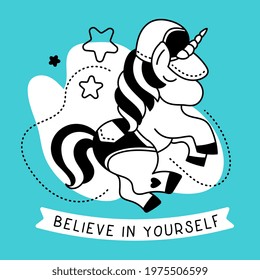 Vector illustration of beautiful black and white unicorn with horn in a cap and shorts on color background with star and ribbon, line art style