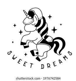 Vector illustration of beautiful black and white unicorn with horn in a cap and shorts on color background with star and word, line art style
