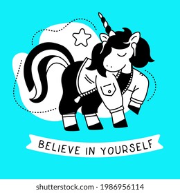 Vector illustration of beautiful black and white unicorn with horn and mane in a fashion jacket on blue color background with header, line art style