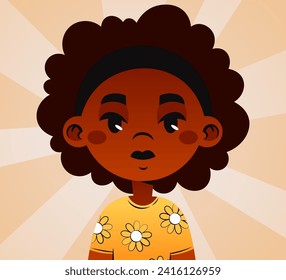 Vektorgrafik einer schönen schwarzen Frau. Junge Afroamerikanerin im Cartoon-Stil. Porträt eines Mädchens mit einer schönen Frisur und hellen Kleidung. Frontalansicht.