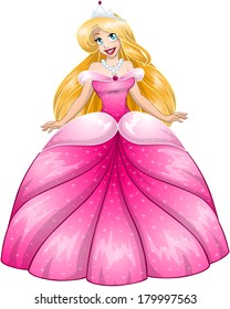 Vector illustration of a beautiful blond princess in pink dress. 
