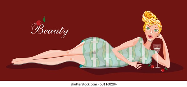 vector illustration with a beautiful blond woman with a glass of wine