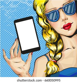 Vector Illustration Of Beautiful Blond Woman Showing Smartphone. Pretty Girl Advertising Cell Phone In Retro Pop Art Comic Style.