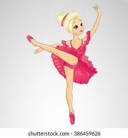 Vector illustration of beautiful blonde ballerina dancing in pink dress