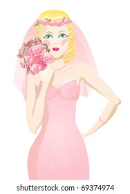 Ilustración vectorial de una hermosa novia rubia en un vestido de novia rosa esperando a su novio