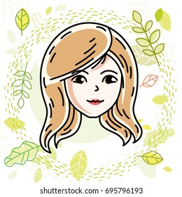 Vector illustration of beautiful blonde female face, positive face features, spring theme clipart.