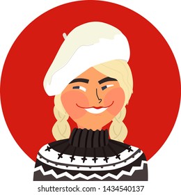 Vector illustration A beautiful blonde girl wearing icelandic sweater and white beret Scandinavian style Isolated object set