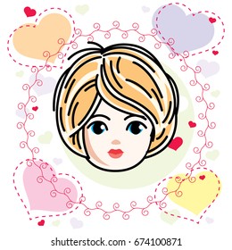 Vector illustration of beautiful blonde girl face, positive face features, Valentine day clipart.
