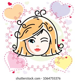 Vector illustration of beautiful blonde happy girl face, positive face features, clipart. Teenager winking.