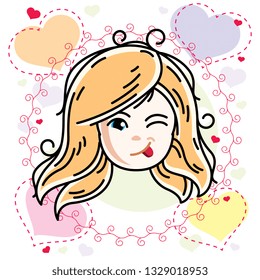 Vector illustration of beautiful blonde happy girl face, positive face features, clipart. Teenager winking and making funny grimace.