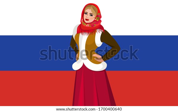 \
Vector illustration of a beautiful blonde from\
Russia posing in front of the flag of Russia, representing the\
Russian type of\
beauty