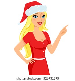 Vector illustration of beautiful blonde Santa girl pointing copy space. Vector illustration isolated on white.