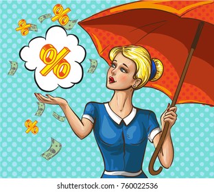 Vector illustration of beautiful blonde woman holding umbrella under money rain in retro pop art comic style.