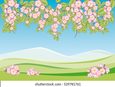 Vector illustration of beautiful blooming twigs and branches with hills and mountains springtime landscape