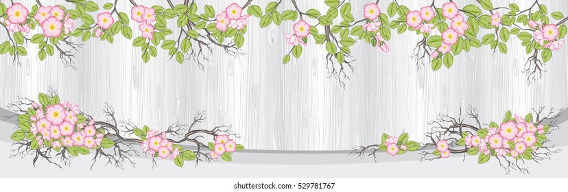 Vector illustration of beautiful blooming twigs and branches with pale wooden planks in the background 