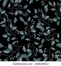 Vector illustration of a beautiful blue berries and leaves. Black background