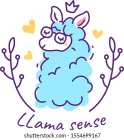 Vector illustration of beautiful blue color llama with crown, glasses, flower and heart on white background. Line art style design for web, site, banner, greeting card, invitation, sticker
