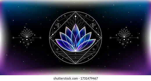 Vector illustration of the beautiful blue cosmic lotus and the sacred geometry symbols on the starry colorful background