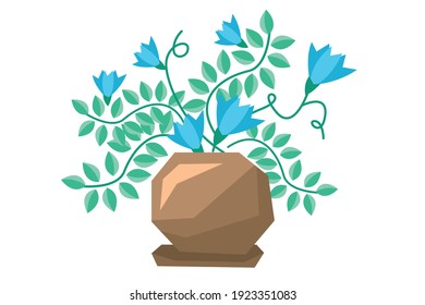 ilustración vectorial de una hermosa planta de flores azules con hojas pegadas en una olla. 6000x4000 píxeles perfectos.