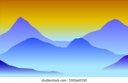 Vector illustration of beautiful blue mountain landscape with fog sunrise and sunset in mountains.