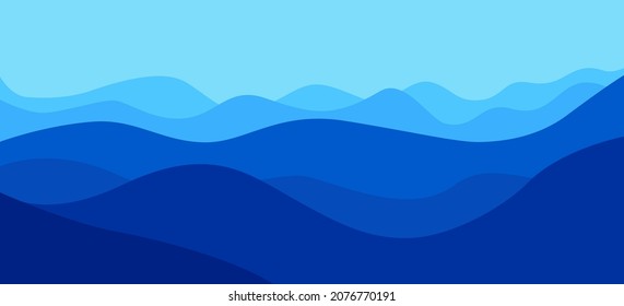 Ilustración vectorial de una hermosa montaña azul o paisaje marino. Amanecer y puesta de sol en las montañas.