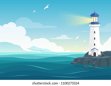 Vector Illustration of beautiful blue sea background with waves, seagulls, mountains and lighthouse. Beacon in ocean for navigation illustration. Island landscape.