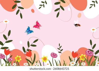 Vector illustration of a beautiful botanical background. Cartoon scene background with colorful abstract spots, green leaves, roses, tulips, daffodils, daisies, grass, bright butterflies, bees.
