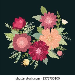 Vector illustration of a beautiful bouquet. The floral wedding card on a black background.