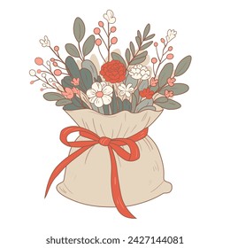 Vector illustration of a beautiful bouquet of flowers in pastel tones wrapped in a beige cloth, tied with a red ribbon. For greeting cards, prints, etc.