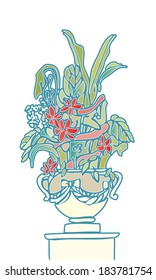 Vector illustration of a beautiful bouquet of red flowers and green leaves in an ancient vase