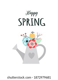 vector illustration with beautiful bouquet in the watering can and text happy spring isolated on white background, vector illustration