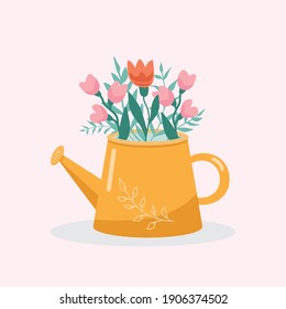 Vector illustration with a beautiful bouquet in the watering can 