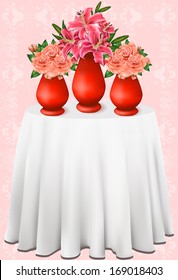 vector illustration of beautiful bouquets of lilies and roses in vases,may be used as a Women's Day congratulation 