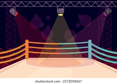 Vector illustration of a beautiful boxing ring arena. Cartoon scene boxing ring for fights under red, yellow, pink spotlights, panels, auditorium with seats. Sports ground in the shape of a square.