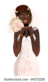 Vector illustration of beautiful bride with bouquet of flowers blinking
