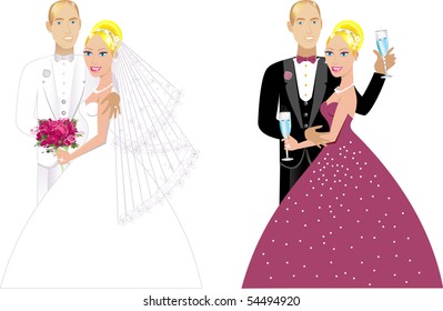 Vector Illustration. A beautiful bride and groom on their wedding day and a formal special occasion. Double Couple 1.