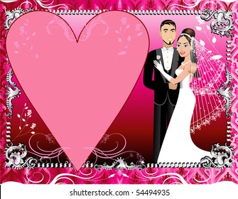 Vector Illustration of a beautiful bride and groom on their wedding day. Wedding Couple 1 with Red, Pink and Silver Background template.