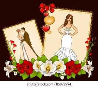 vector Illustration of beautiful bride and groom on a background with flowers