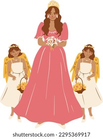 Vector illustration of a beautiful bride and her bridesmaids.