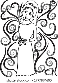 Vector illustration beautiful bride hold flowers