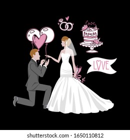 Vector illustration of a beautiful bride holding a bouquet with kneeled bridegroom, wedding cake, rings love banner. Bridal shower or wedding elements. Wedding shop boutique assortment set.