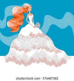 vector illustration with a beautiful bride with long red hair with a veil and bouquet in long white dress with the trees 'growing' on it